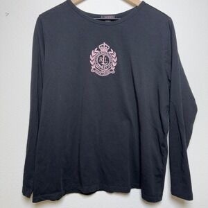 Lauren Ralph Lauren Women Shirt 2X Black Pink Embroidered Crown Emblem Preppy